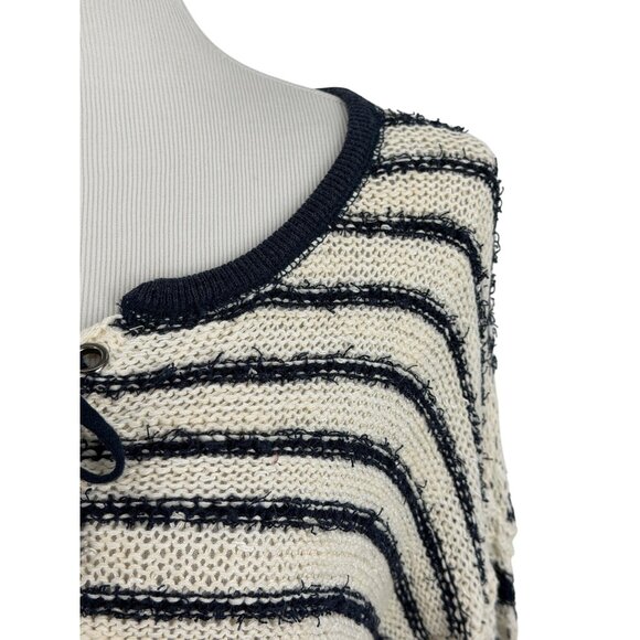 NWT Free People Navy White Striped Soft Knit Lace Up Sweater | Coastal Boho Prep - Picture 5 of 16